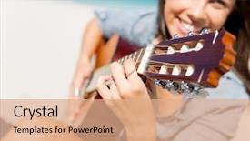  Presentation with young children playing multicultural - Slide deck featuring beautiful young woman playing guitar background and a coral colored foreground
