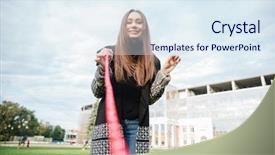  Presentation with leash - Audience pleasing PPT theme consisting of beautiful young woman playing with dog on leash outdoors backdrop and a sky blue colored foreground