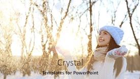  Presentation with snow day - Slide deck with beautiful young woman playing with snow outdoors on winter day background and a coral colored foreground