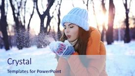  Presentation with snow day - Audience pleasing slide deck consisting of beautiful young woman playing with snow outdoors on winter day backdrop and a sky blue colored foreground