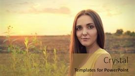  Presentation with harmony - PPT theme having beautiful-young-woman-portrait-against background and a coral colored foreground