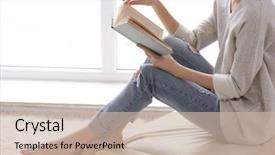  Presentation with reading - Slides having beautiful young woman reading book background and a soft green colored foreground