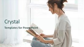  Presentation with reading - PPT layouts having beautiful young woman reading book background and a sky blue colored foreground