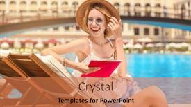  Presentation with resort - Amazing PPT layouts having beautiful young woman reading magazine backdrop and a coral colored foreground