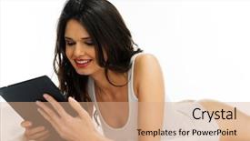  Presentation with information - Slides having beautiful young woman reading a tablet on the bed smiling as she reads information on the screen background and a coral colored foreground