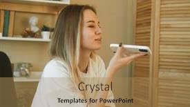  Presentation with voice assistant - Presentation theme having beautiful-young-woman-recording-voice background and a  colored foreground