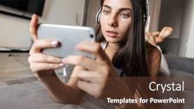  Presentation with mobile home - Presentation theme with beautiful young woman relaxing on a couch at home listening to music with headphones holding mobile phone background and a tawny brown colored foreground