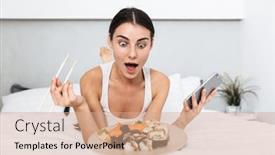  Presentation with mobile home - Presentation design featuring beautiful young woman relaxing on bed at home eating sushi from a plate holding mobile phone background and a coral colored foreground