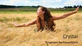  Presentation with golden woman - Presentation theme featuring beautiful young woman relaxing in golden field background and a yellow colored foreground