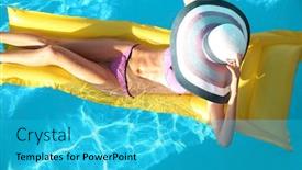  Presentation with mattress - Amazing PPT theme having beautiful young woman relaxing on air mattress in swimming pool backdrop and a cyan colored foreground