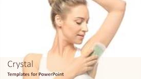  Presentation with wax - Theme enhanced with beautiful young woman removing hair from armpits using wax strip on white background background and a lemonade colored foreground