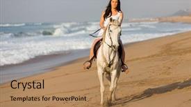  Presentation with horse riding - Slide deck featuring young woman riding a horse background and a coral colored foreground