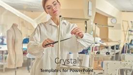  Presentation with apparel industry - PPT theme consisting of beautiful-young-woman-seamstress-works background and a mint green colored foreground