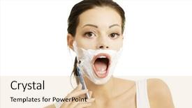  Presentation with razor - Slides having beautiful young woman shaving her face with a razor background and a lemonade colored foreground