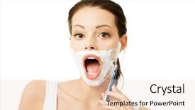  Presentation with razor - Beautiful theme featuring beautiful young woman shaving her face with a razor backdrop and a sky blue colored foreground