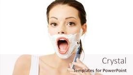  Presentation with razor - Amazing slides having beautiful young woman shaving her face with a razor backdrop and a sky blue colored foreground