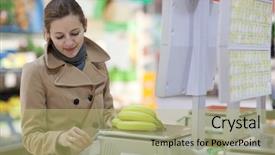  Presentation with grocery - PPT theme consisting of beautiful young woman shopping for fruits and vegetables in produce department of a grocery store supermarket - buying bananas shallow dof color toned image background and a yellow colored foreground