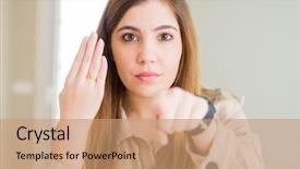  Presentation with finger - Cool new slide deck with beautiful young woman showing alliance backdrop and a coral colored foreground