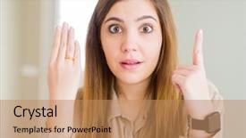  Presentation with question - Cool new slide set with beautiful young woman showing alliance backdrop and a  colored foreground