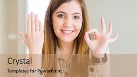 Presentation with weight loss woman showing - Colorful slide set enhanced with hand doing ok sign backdrop and a coral colored foreground