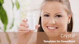  Presentation with pill bottle - Cool new slide set with beautiful young woman showing white pill bottle copy space backdrop and a coral colored foreground