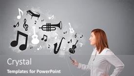  Presentation with music instruments - Colorful presentation theme enhanced with beautiful young woman singing and listening to music with musical notes and instruments getting out of her mouth backdrop and a gray colored foreground