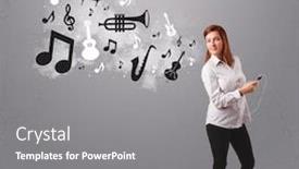  Presentation with music instruments - PPT layouts having beautiful young woman singing and listening to music with musical notes and instruments getting out of her mouth background and a gray colored foreground