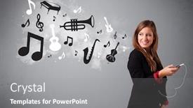  Presentation with music instruments - Audience pleasing slide deck consisting of beautiful young woman singing and listening to music with musical notes and instruments getting out of her mouth backdrop and a gray colored foreground