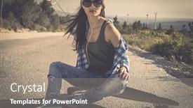 Presentation with beautiful young woman getting face - Slides with beautiful-young-woman-sitting-over background and a gray colored foreground