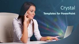  Presentation with desk - Colorful presentation theme enhanced with beautiful-young-woman-sitting backdrop and a ocean colored foreground