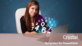  Presentation with numbers - PPT theme featuring beautiful young woman sitting at desk and typing on laptop with 3d numbers comming background and a coral colored foreground