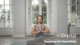  Presentation with meditation thm - Cool new presentation design with beautiful young woman sitting in lotos pose practicing meditation in hall backdrop and a gray colored foreground