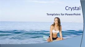  Presentation with waves - Cool new presentation theme with beautiful young woman sitting on the surfboard and waiting for the waves backdrop and a sky blue colored foreground
