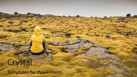  Presentation with moss - Colorful presentation design enhanced with beautiful young woman sitting on a rock and surrounded by icelandic moss backdrop and a gold colored foreground