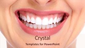  Presentation with dental reseach - Colorful presentation design enhanced with beautiful young woman smile dental backdrop and a coral colored foreground