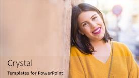  Presentation with wall street - Presentation consisting of beautiful young woman smiling confident and cheerful leaning on bricks wall walking on the street of the city on a sunny day background and a coral colored foreground