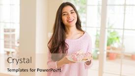  Presentation with donuts pink - Slide deck with beautiful young woman smiling holding a plate full of delicious pink donuts background and a lemonade colored foreground