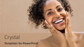  Presentation with treatment - Slide deck having beautiful-young-woman-smiling background and a coral colored foreground