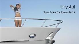  Presentation with yacht - Presentation design featuring beautiful-young-woman-standing background and a light blue colored foreground