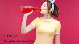  Presentation with juice - Presentation design with beautiful young woman standing and drinking juice from the bottle over pink background background and a red colored foreground