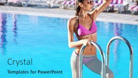  Presentation with stepping - Colorful PPT theme enhanced with beautiful young woman stepping out of swimming pool backdrop and a cyan colored foreground