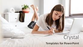  Presentation with taking notes - Presentation theme consisting of beautiful-young-woman-taking-notes background and a soft green colored foreground