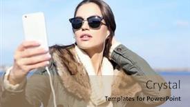  Presentation with selfie - Colorful PPT theme enhanced with beautiful-young-woman-taking-selfie backdrop and a coral colored foreground