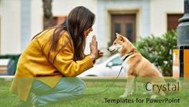  Presentation with dog park - Presentation design consisting of beautiful-young-woman-training-shiba background and a seafoam green colored foreground