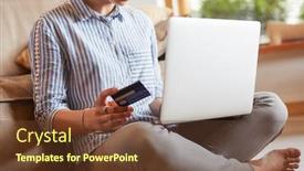  Presentation with money online shopping - Slide set having beautiful-young-woman-using-credit background and a tawny brown colored foreground