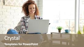  Presentation with laptop - PPT layouts featuring beautiful young woman using laptop background and a coral colored foreground