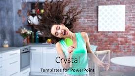  Presentation with microphone - Colorful presentation enhanced with beautiful young woman using skimmer as microphone in modern room interior backdrop and a light blue colored foreground