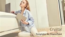  Presentation with laptop - Slides with beautiful-young-woman-using background and a lemonade colored foreground