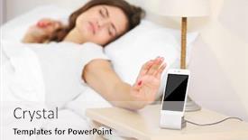  Presentation with alarm - Amazing PPT theme having beautiful-young-woman-waking-up backdrop and a  colored foreground