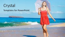  Presentation with sad woman walking - Presentation theme with beautiful young woman walking on tropical beach with colorful umbrella background and a light blue colored foreground